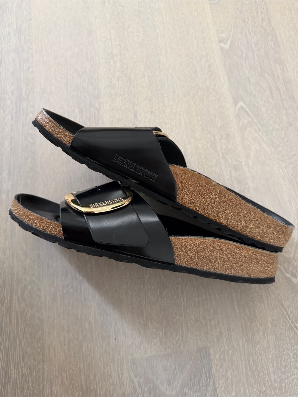 Birkenstock Black Patent Madrid Slides with Gold Buckles - Picture 4 of 8